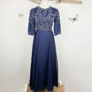 Beaded modest blue evening gown